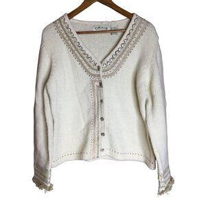 Orvis Cardigan Sweater Lambswool Rabbit Hair Button Front Embroidered Beige SZ L